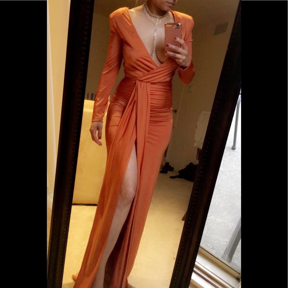 Burnt Orange Low Cut Dress Long Maxi Prom